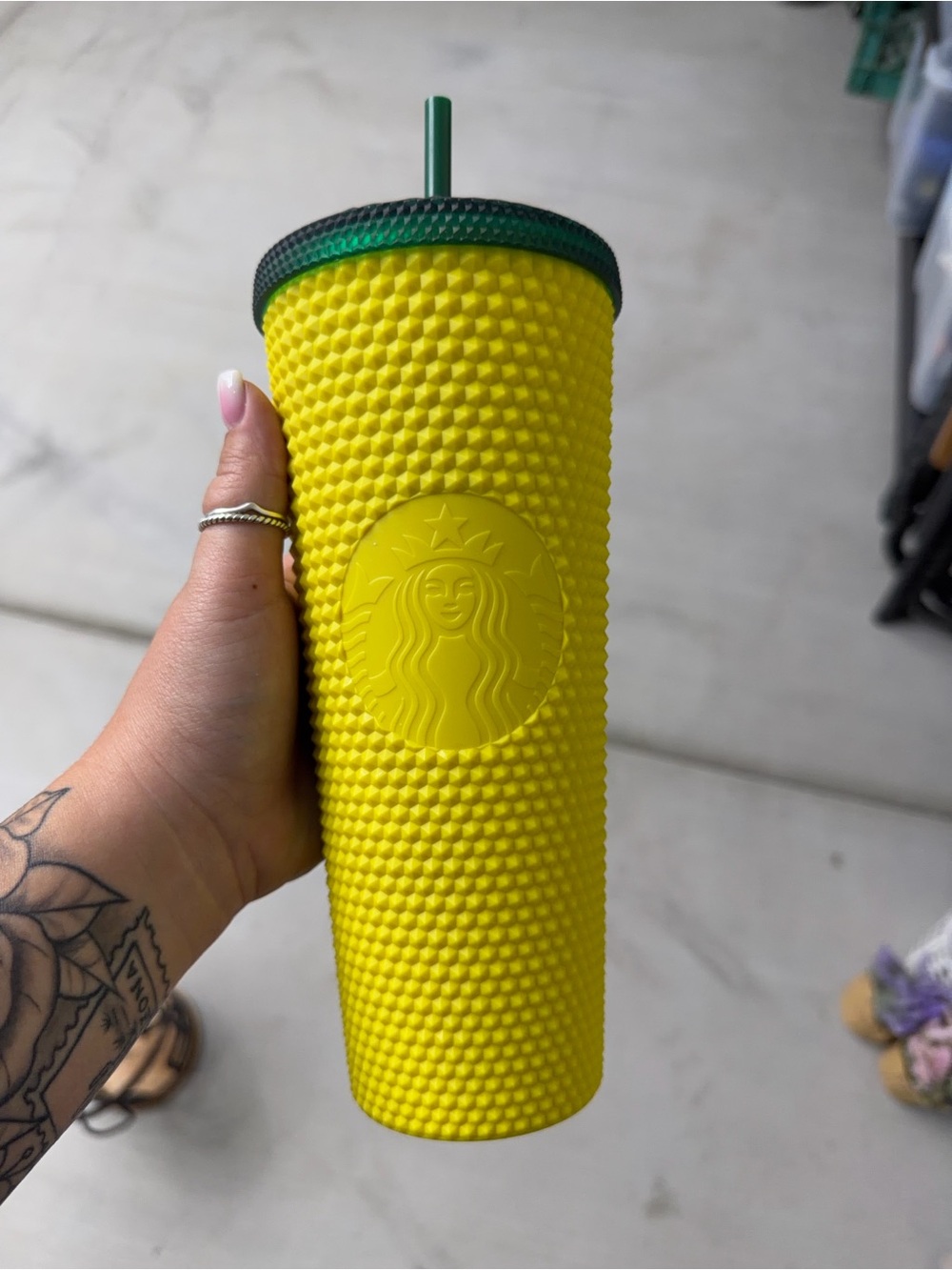 Starbucks Bright Yellow Studded Tumbler with Green Lid